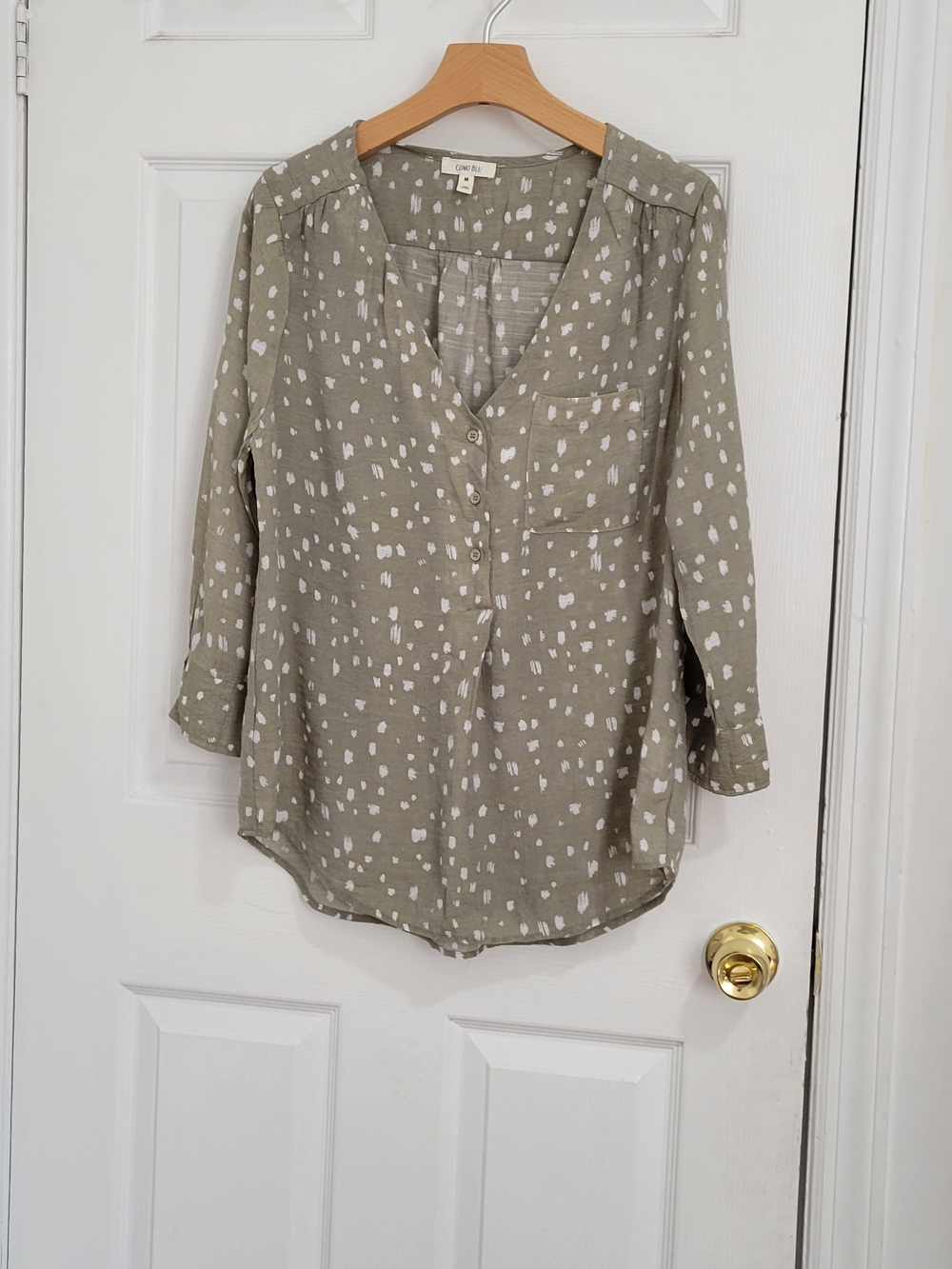 Como Blue Light Olive Dot-Print V-Neck Blouse - Unbranded